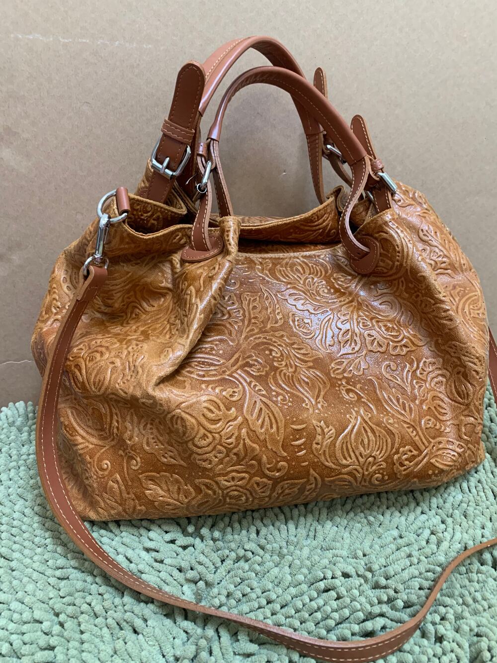 ISADORA Large Tan Embossed Tooled Leather Satchel w/XB Strap Made in ITALY